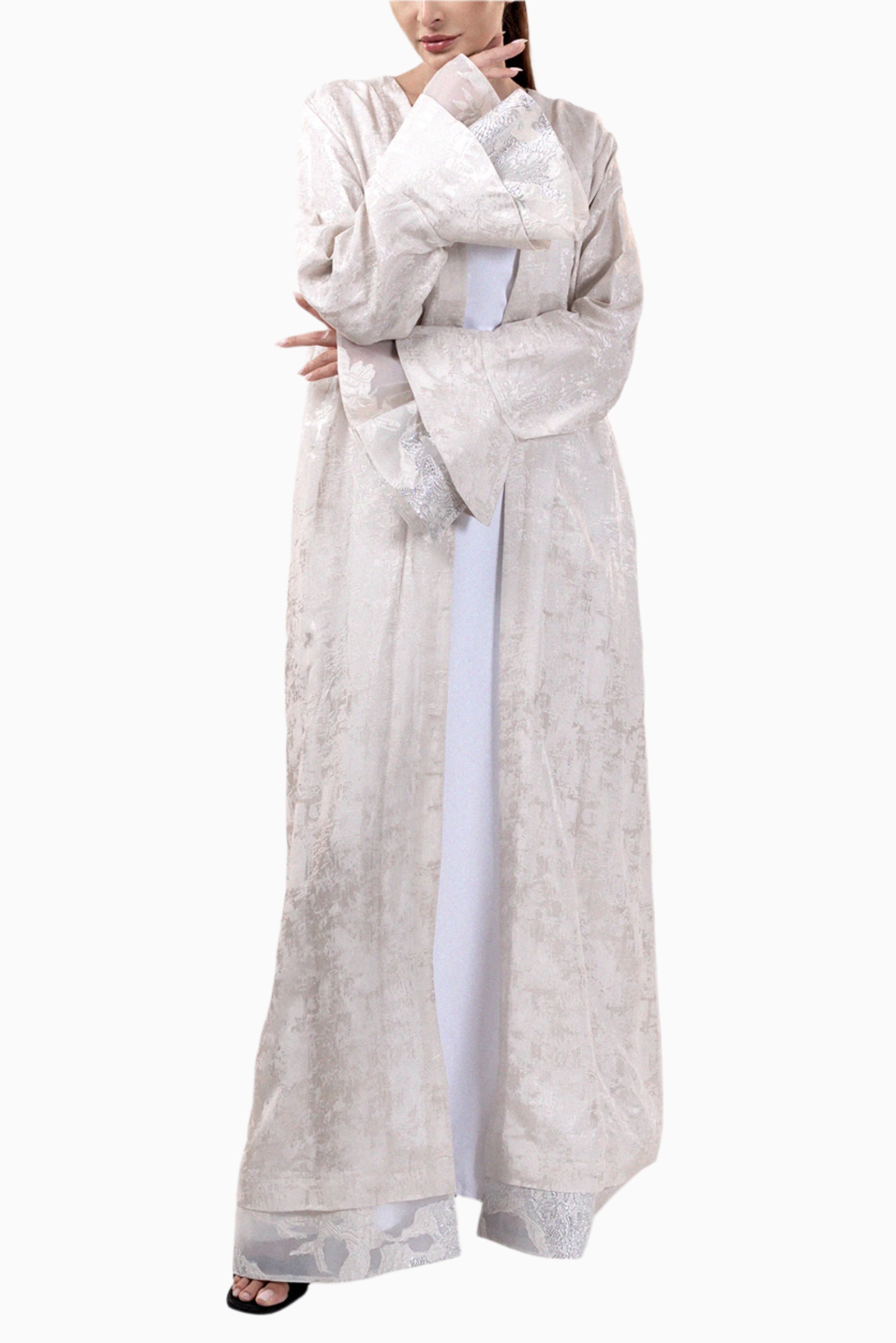 Juliette Silver - Poet Sleeves and Ruffled Tulle Occasion Linen Abaya