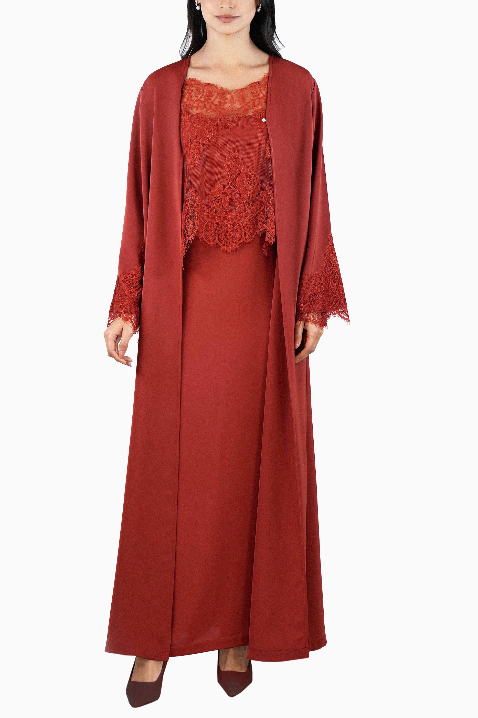 Shaden Ruby- Lace Abaya with Lace Inner Dress Set