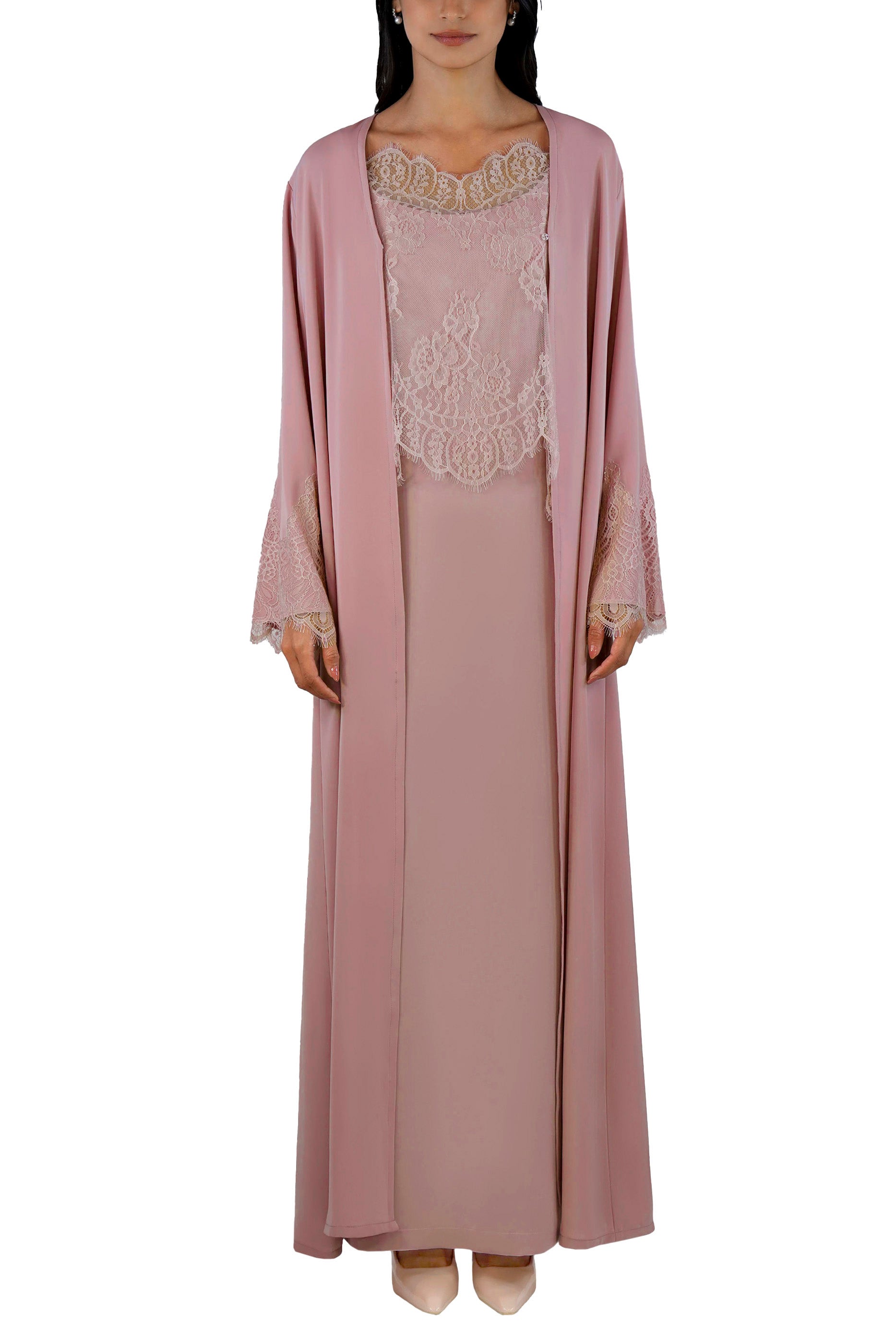 Shaden Blush - Lace Abaya with Lace Inner Dress Set