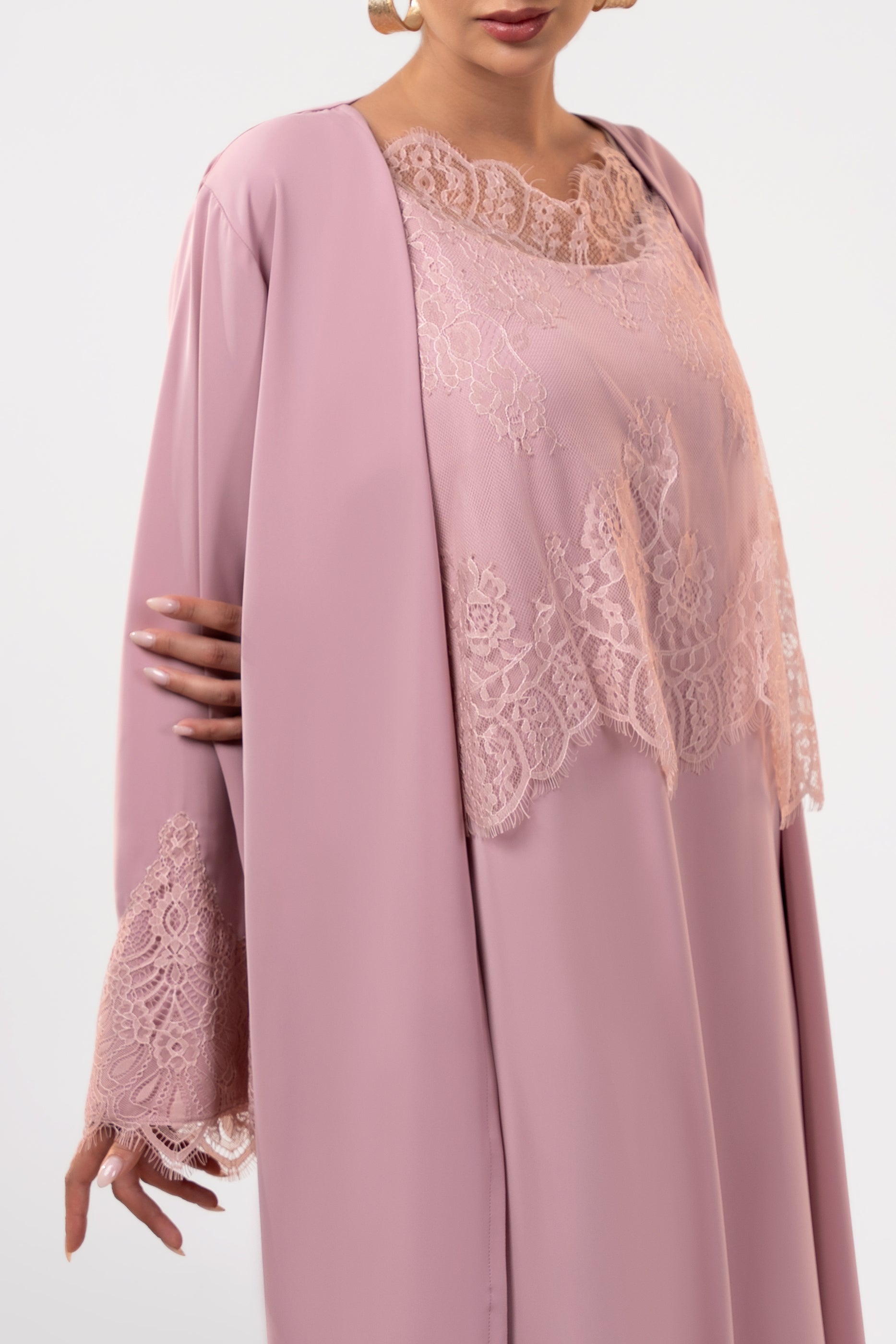 Shaden Blush - Lace Abaya with Lace Inner Dress Set