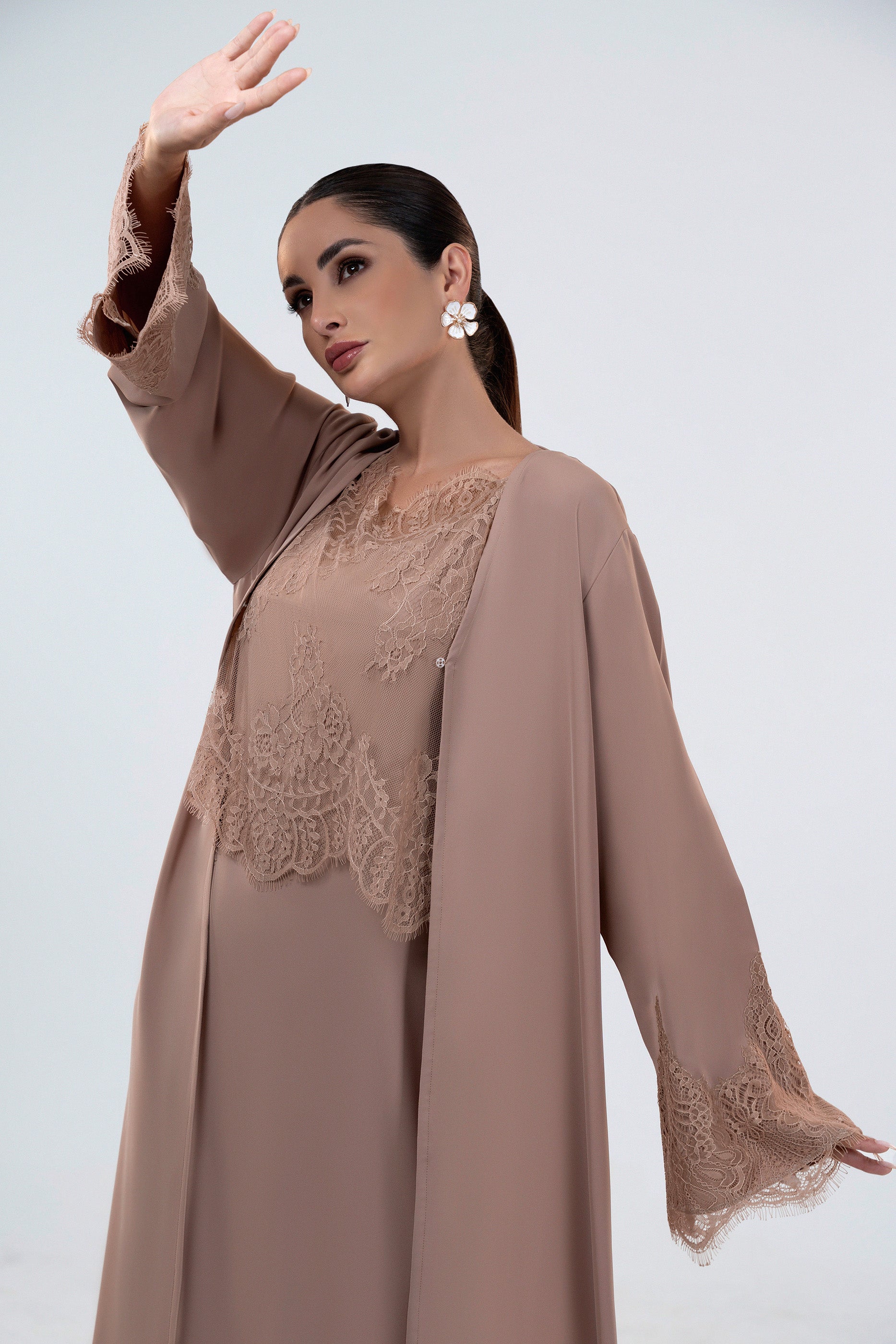 Shaden Sand- Lace Abaya with Lace Inner Dress Set