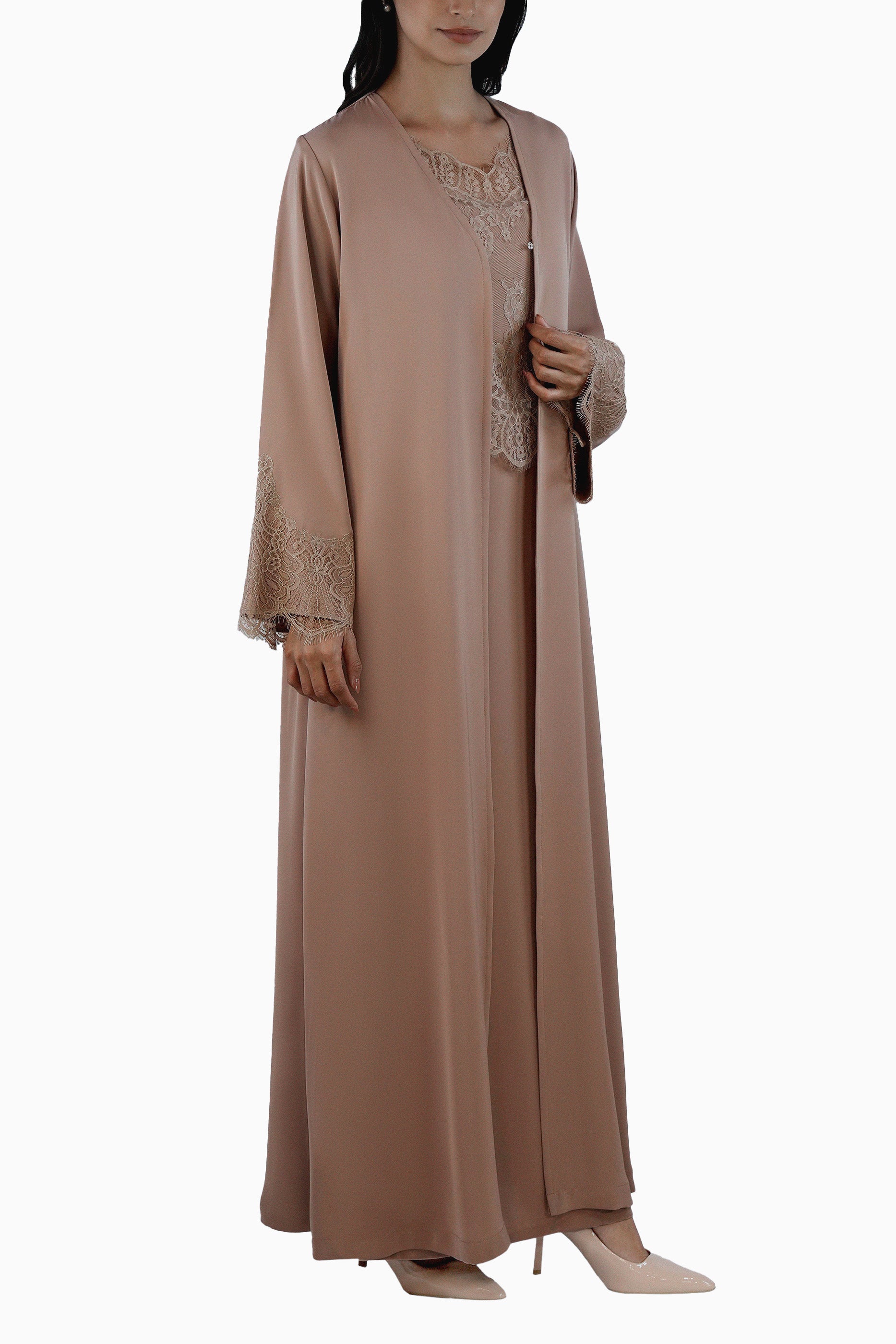 Shaden Sand- Lace Abaya with Lace Inner Dress Set