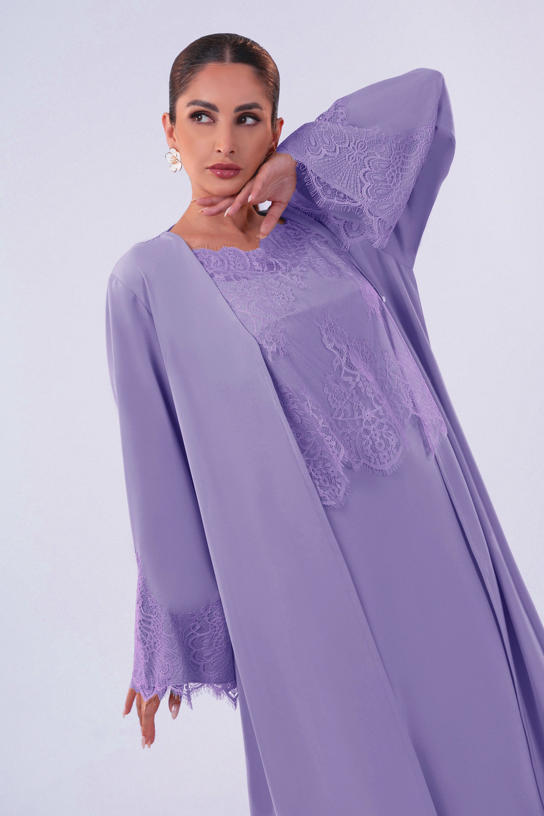 Shaden Sand- Lace Abaya with Lace Inner Dress Set