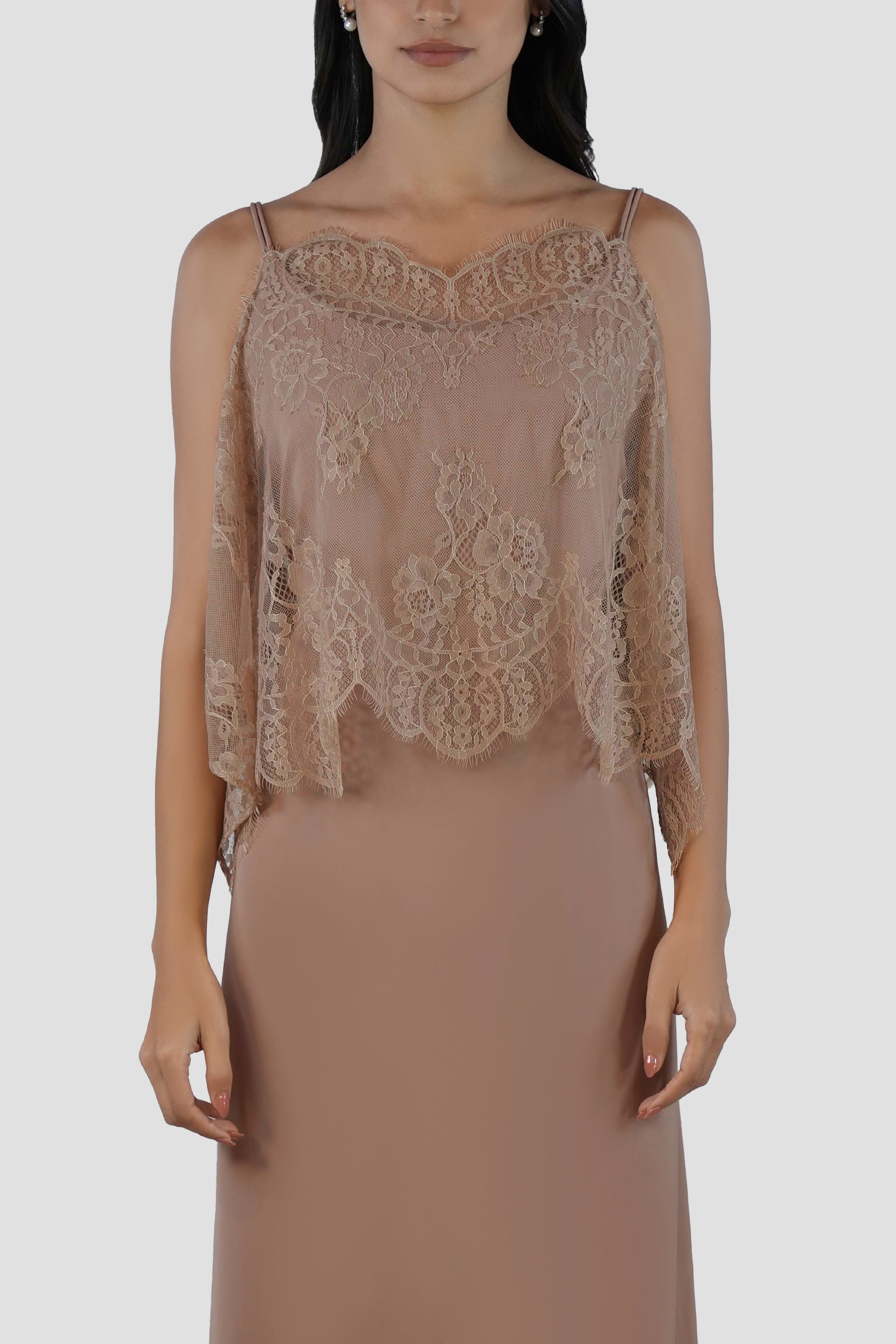 Shaden Sand- Lace Abaya with Lace Inner Dress Set