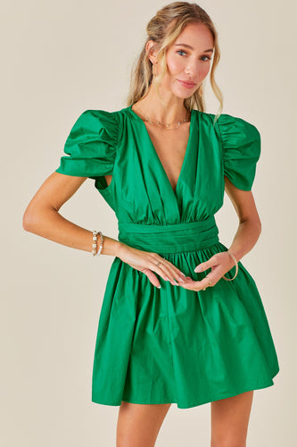 Green V Neck Ruched Waist Puff Sleeve Romper Dress