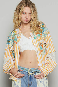 Striped Yellow Multi Balloon Sleeve Printed Woven Mixed Denim Shacket