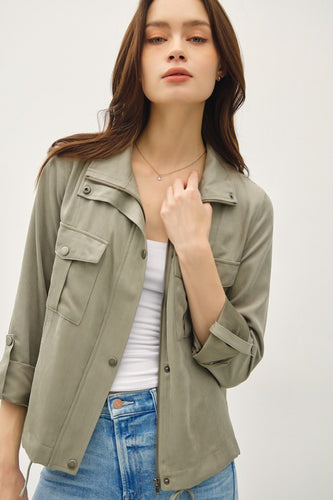 Dusty Sage Cropped Utility Zipper Safari Jacket