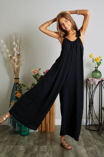 Black Elastic Ruffle Shoulder Jumpsuit