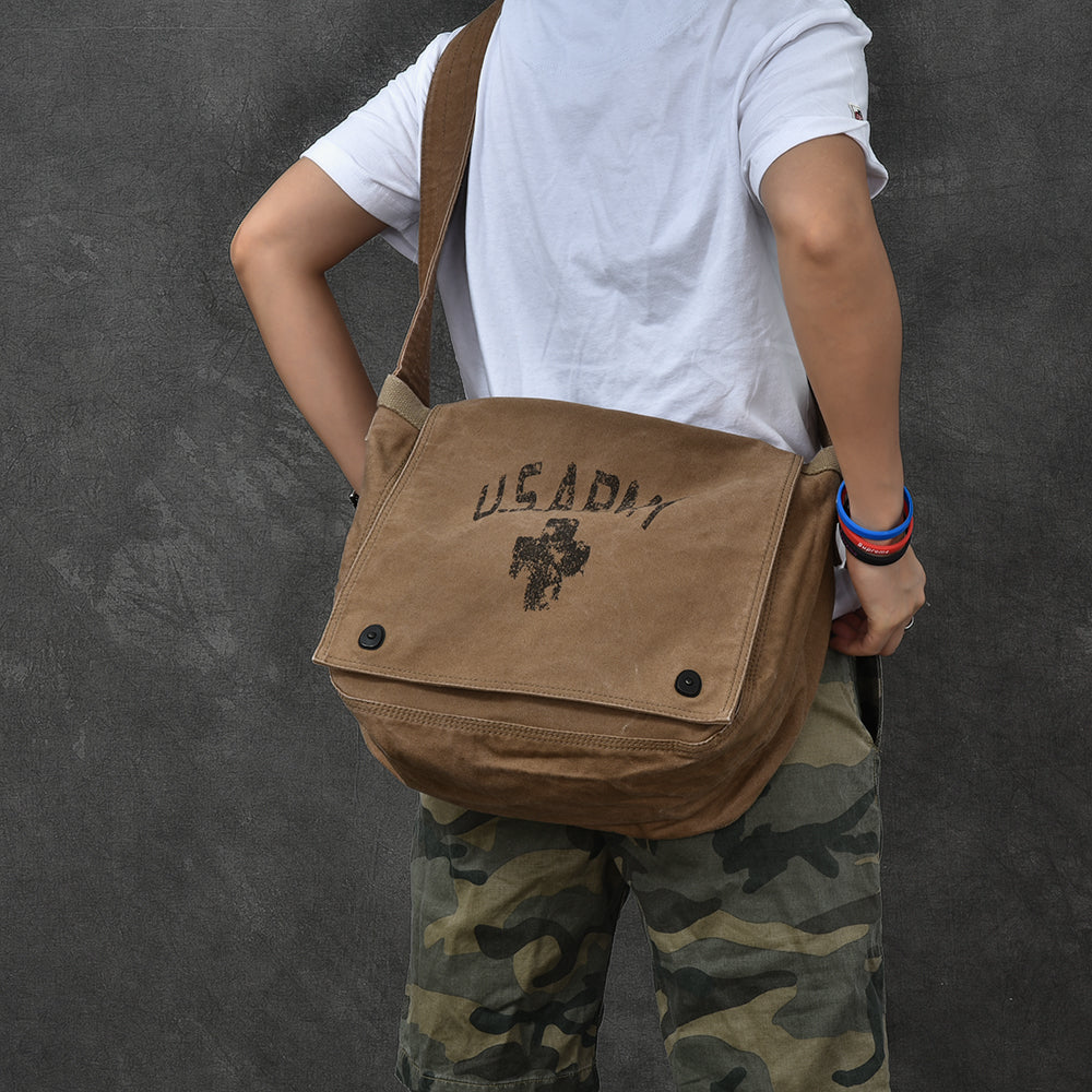 Great Grab Canvas Leather Mens Large Brown Side Bag 14'' Army Green Messenger Bag Postman Bag For Men Limited Offer